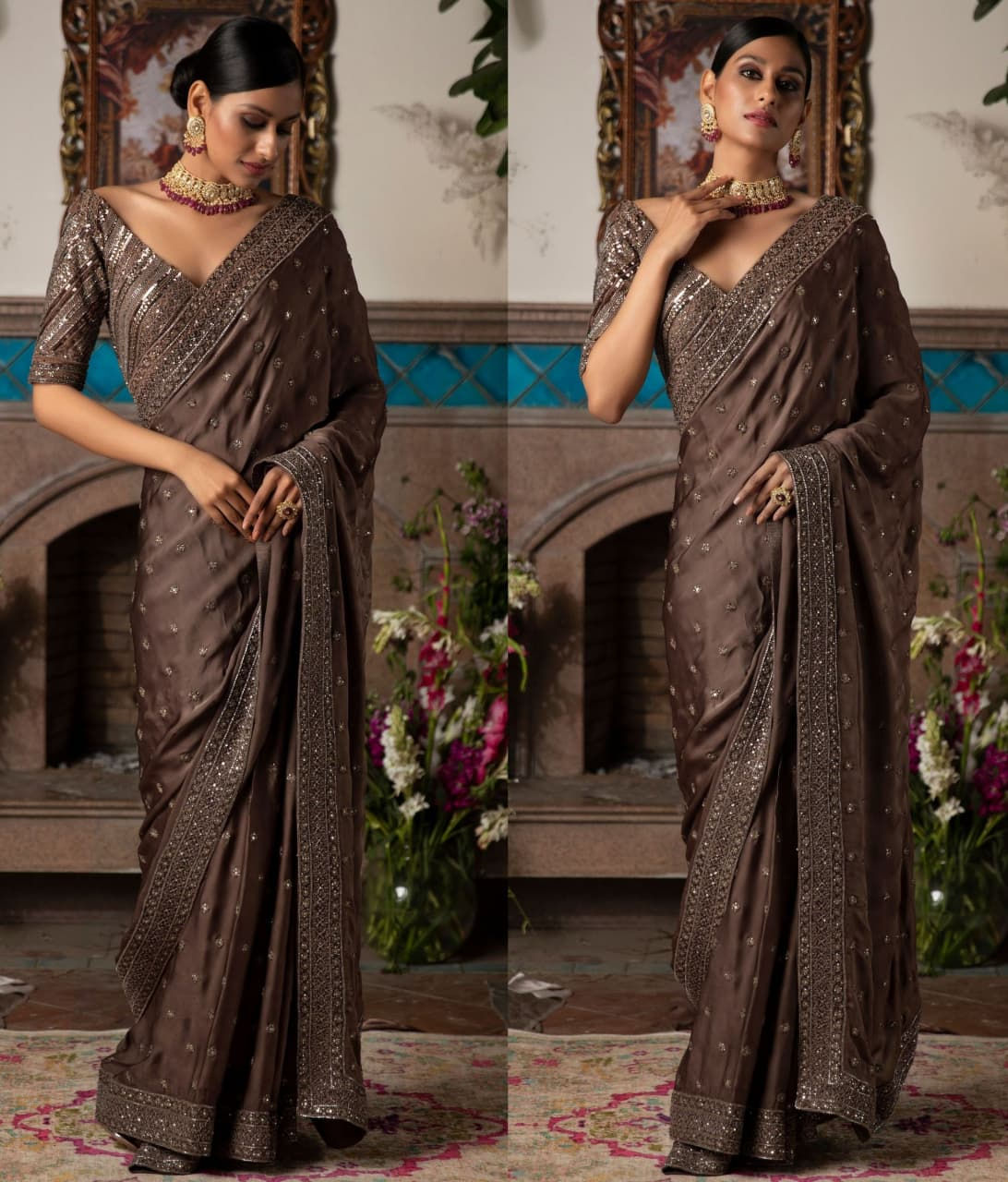 Function Indian Women Brown Vichitra silk Lace Work Designer Saree