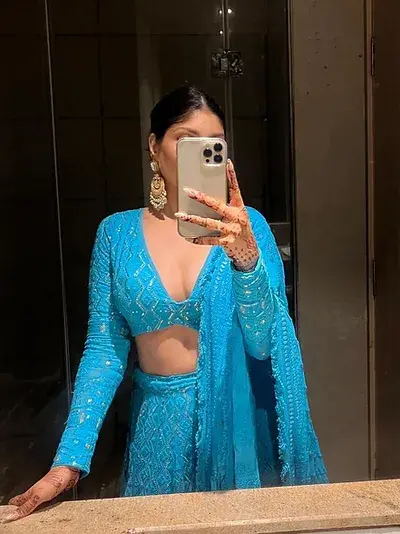 Thumbnail: Style Sky Blue Designer Net Lehenga Choli