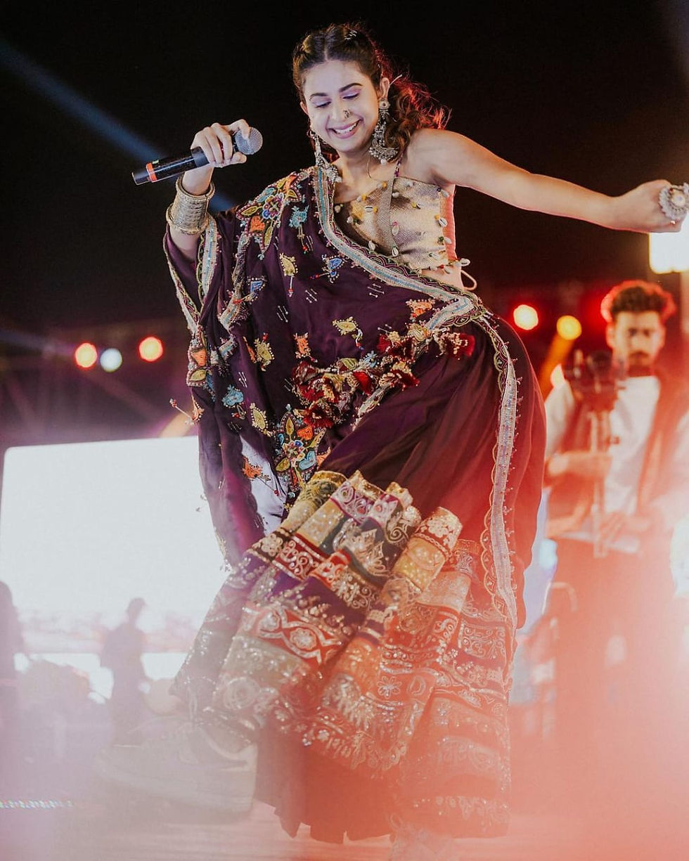 Thumbnail: Wine Colour Chinnon Silk With Mirror Work Special Navratri Wear Lehenga Choli