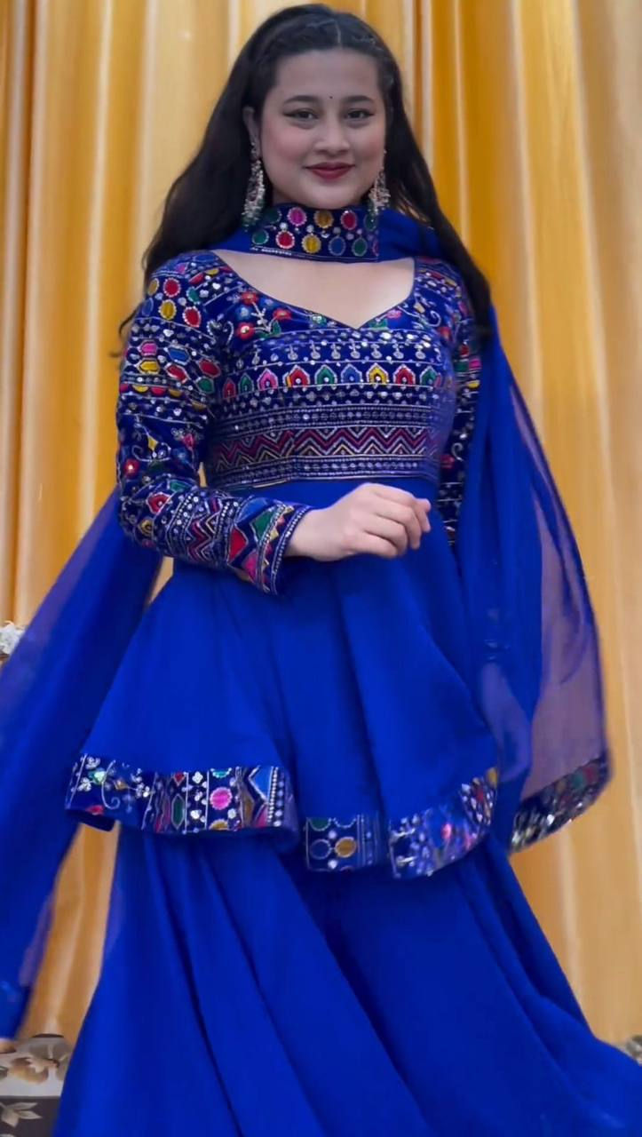 Thumbnail: Blue Colour Georgette Heavy Work Wedding Palazzo Suit