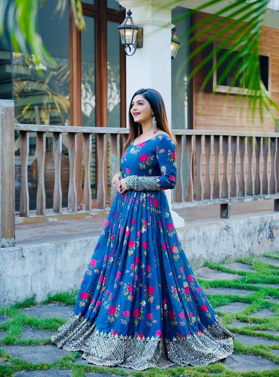 Thumbnail: Trend Party Wear Gorgette Printed Blue Colour Gown With Dupatta