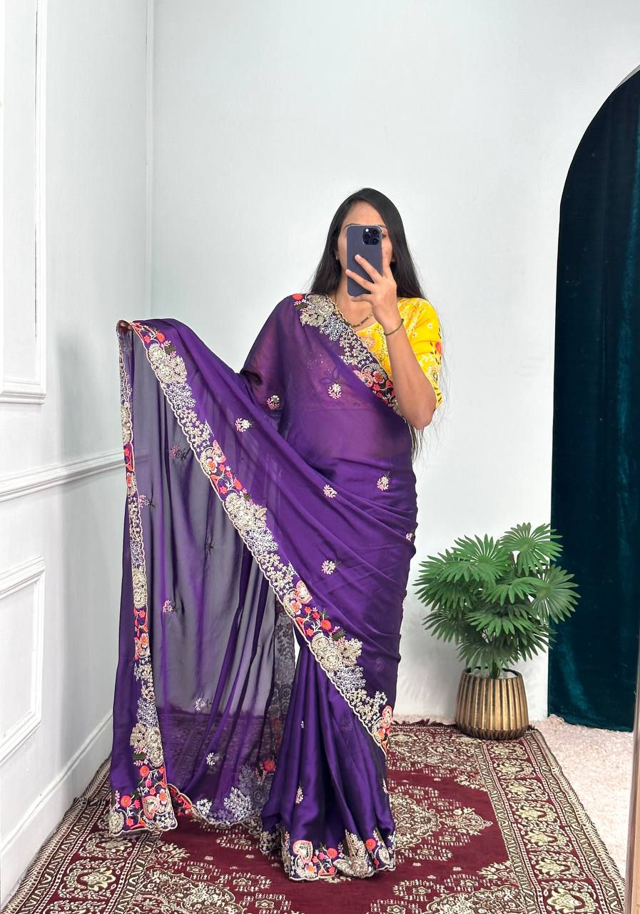 Thumbnail: Stylish Purple Colour Rangoli Silk Sequence With Embroidery Work Saree