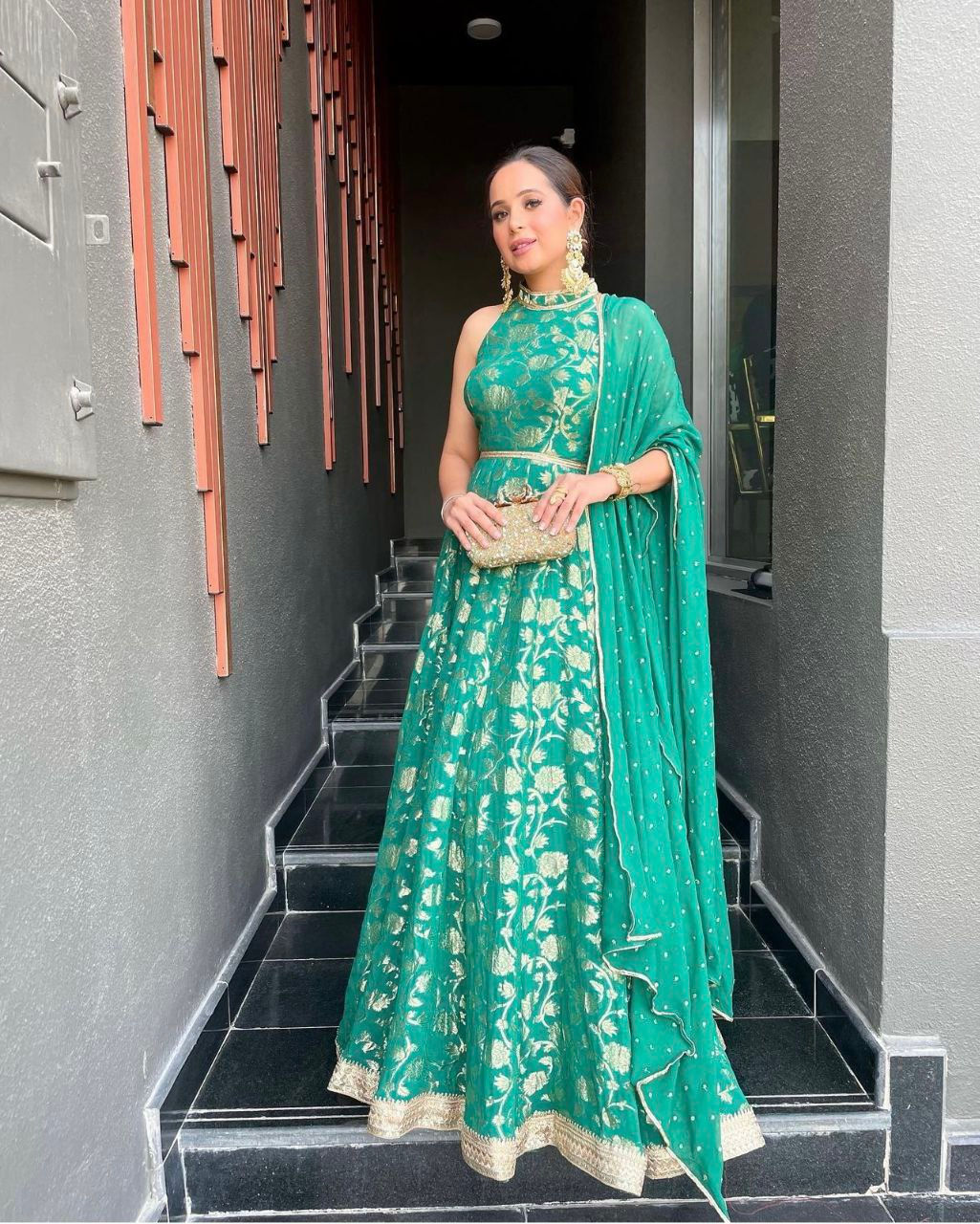 Stylish Green Colour Banarasi Silk Party Wear Gown