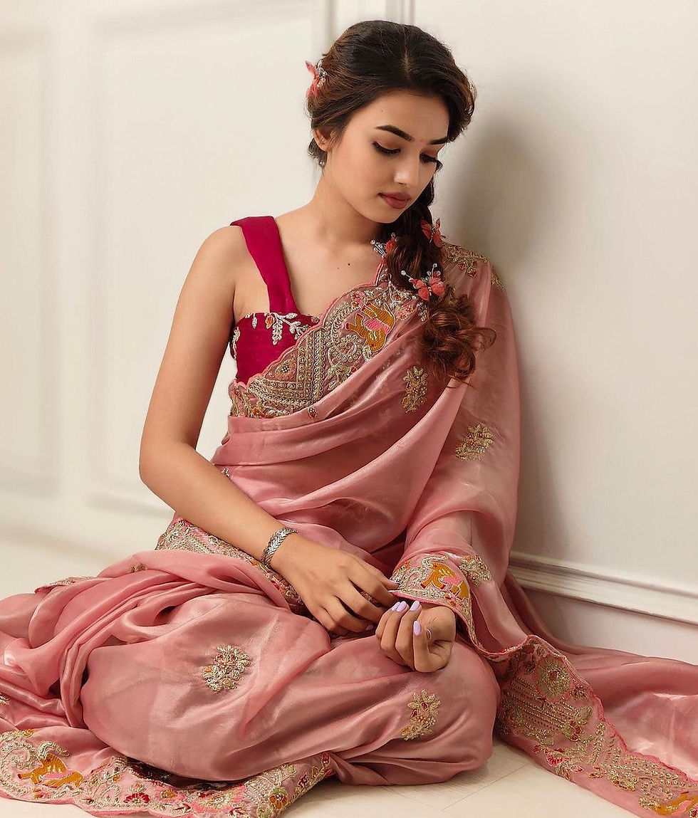 Thumbnail: Peach Organza Cording Embroidery Work Designer Saree