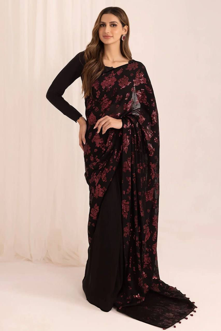 Thumbnail: Classy Black Georgette Sequance Work Party Wear Saree