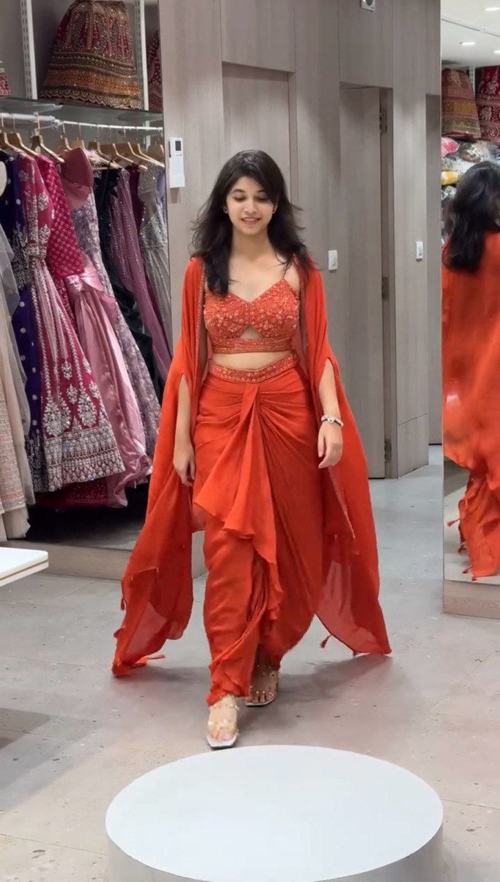 Thumbnail: Stylish Orange Colour Satin Silk Thread With Sequence Work Dhoti Suit