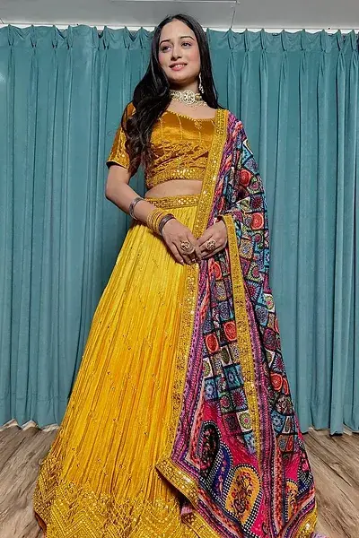 Haldi Function Yellow Taffeta Silk Heavy Sequins Work Lehenga