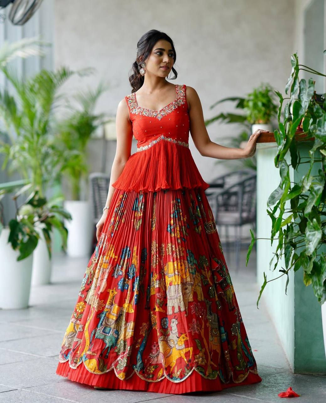 Kalamkari Print Chent Crep Top With Lehenga
