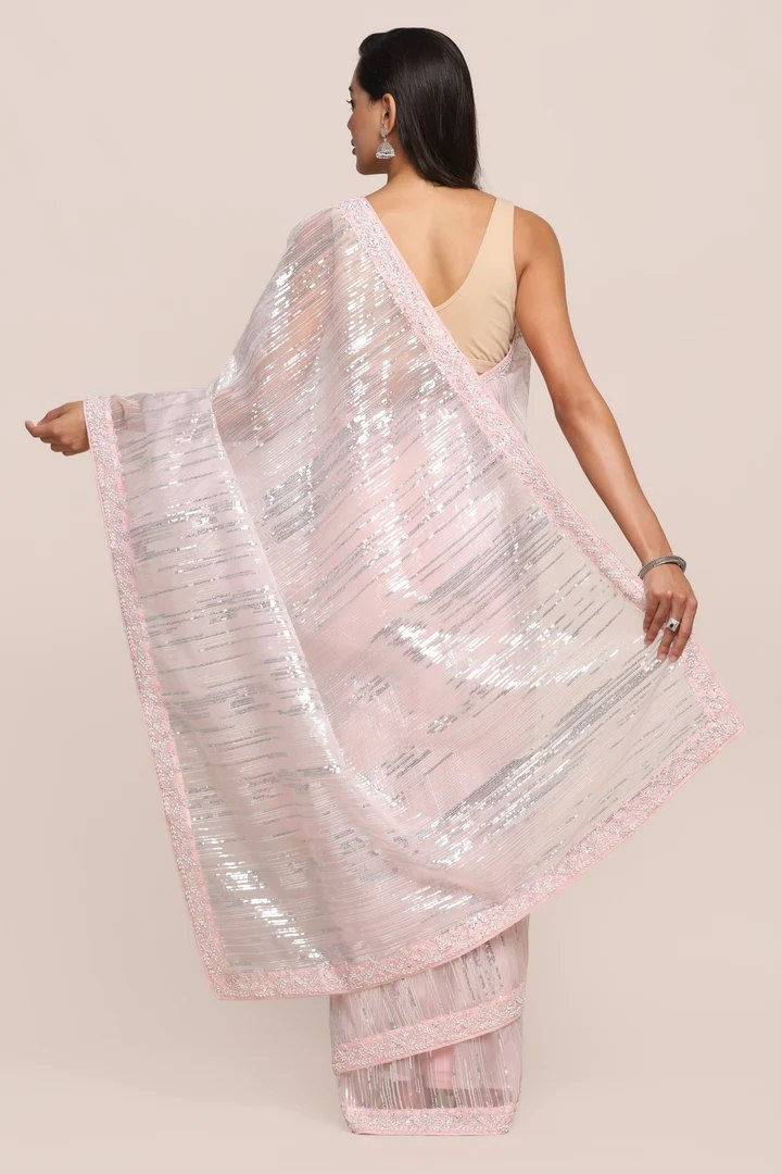 Thumbnail: Buy Baby Pink Oraganza Silk Fancy Thread Work Sequence Work Saree