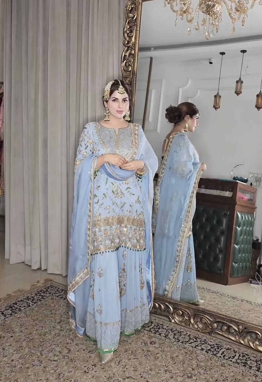 Thumbnail: Sky Blue Colour Heavy Embroidery Sequince Work Sharara Suit