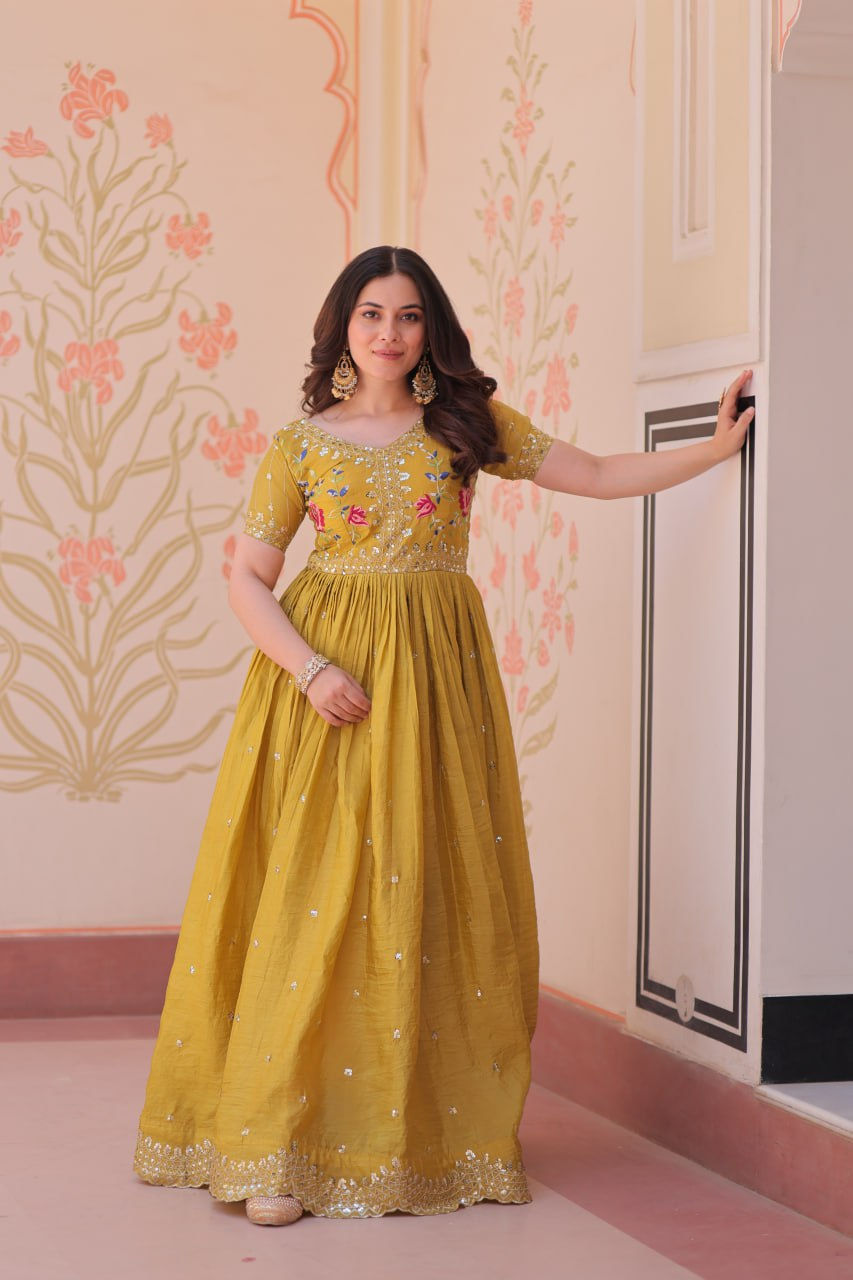 Thumbnail: Stunning Yellow Colour Faux Blooming With Multithreaded Sequence Work Gown