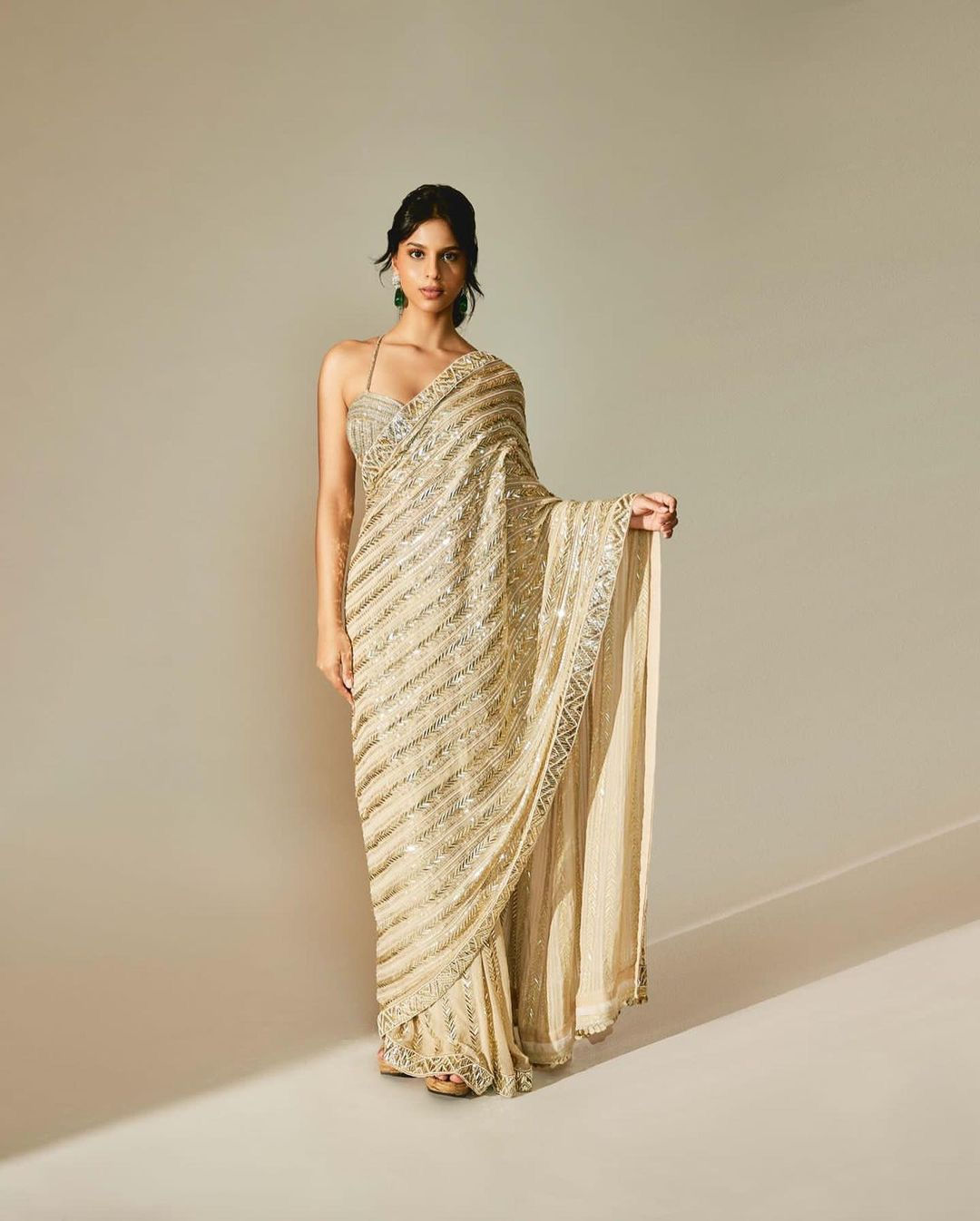 Classy Cream Colour Partywear Georgette Sequence Work Saree