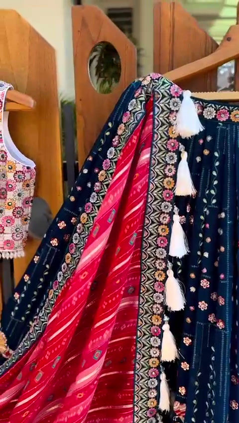 Thumbnail: Navy Blue Colour Heavy Thread Sequence Work Designer Wedding Wear Lehenga Choli