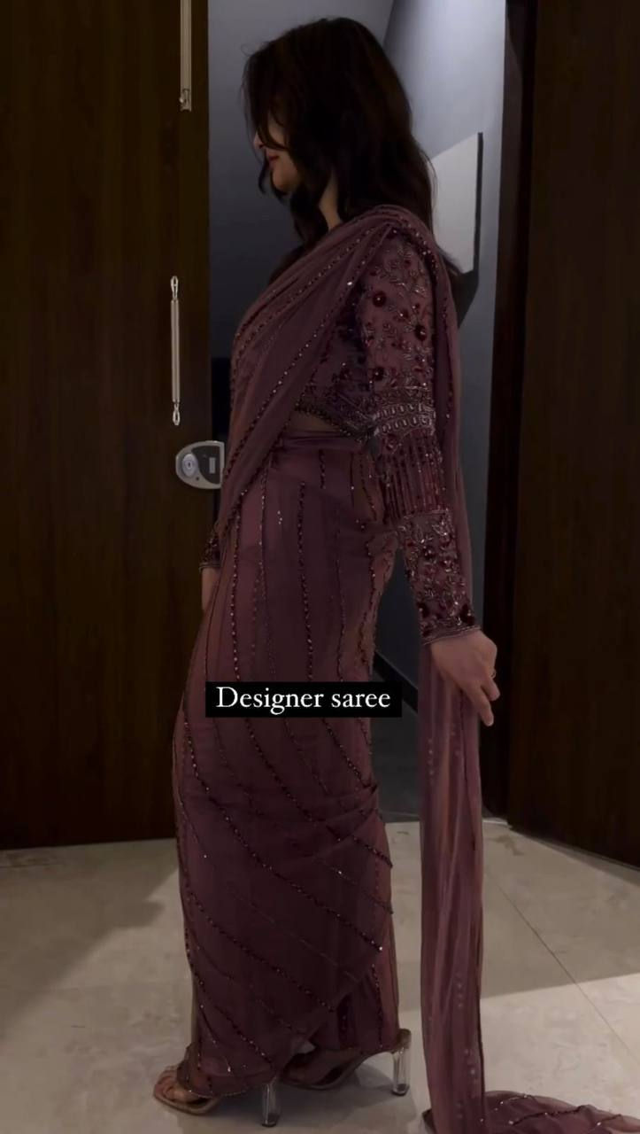 Thumbnail: Coffee Colour Havy Net Thred And Sequince Work Party Wear Saree