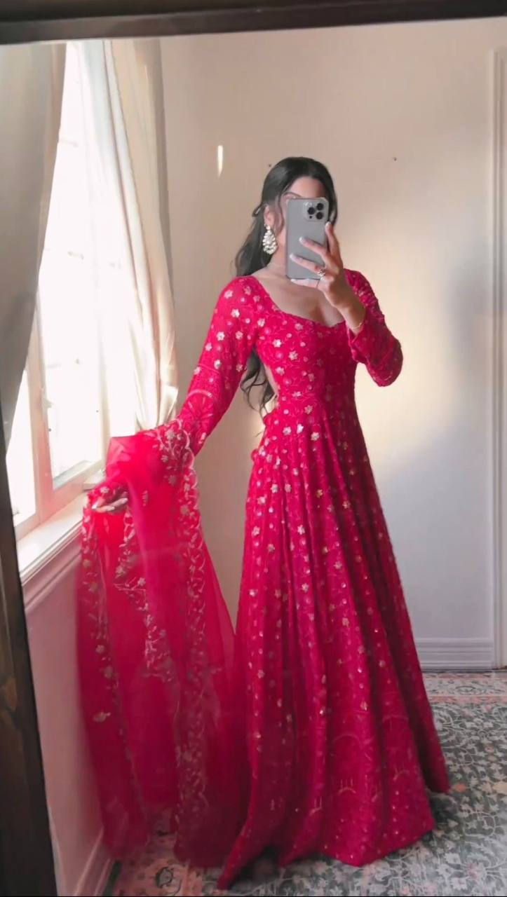 Red Colour Thread With Sequince Four side cut broder