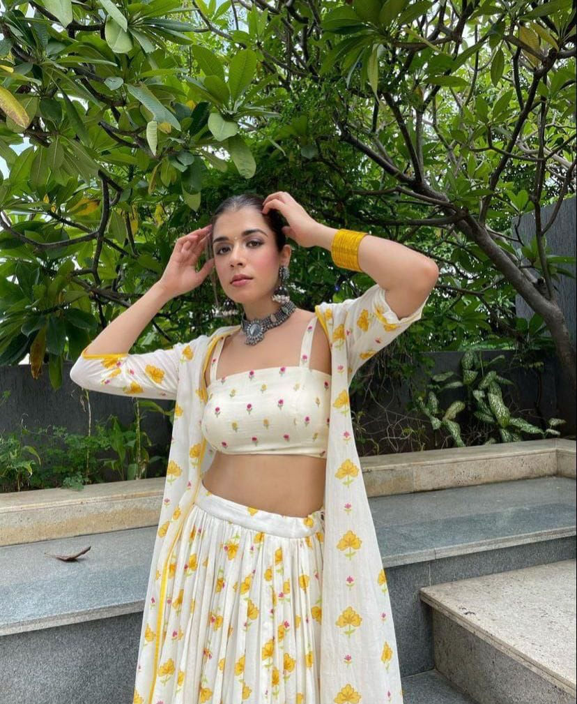 Thumbnail: White-mustard Yellow Party Wear Designer Lehenga Choli With Digital Print Womens