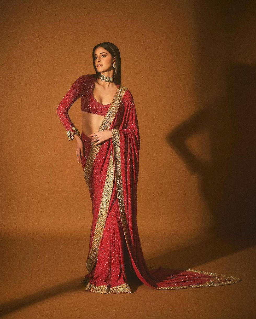 Thumbnail: Stylish Georgette Sequence Work Red Color Saree