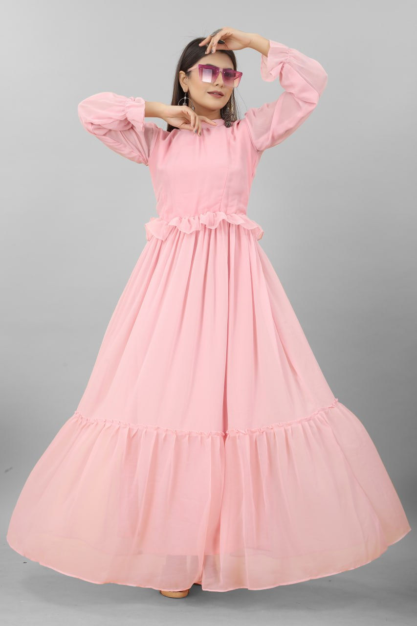 Thumbnail: Beautiful Pink Colour Party Wear Georgette Gown Dress