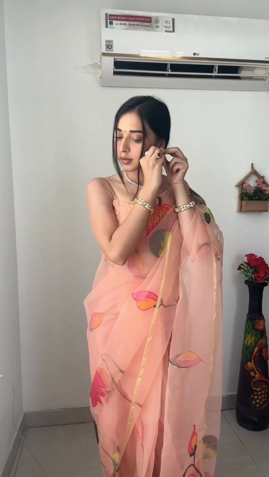 Thumbnail: Peach Colour Organza Print And Handwork Ready To Wear Saree