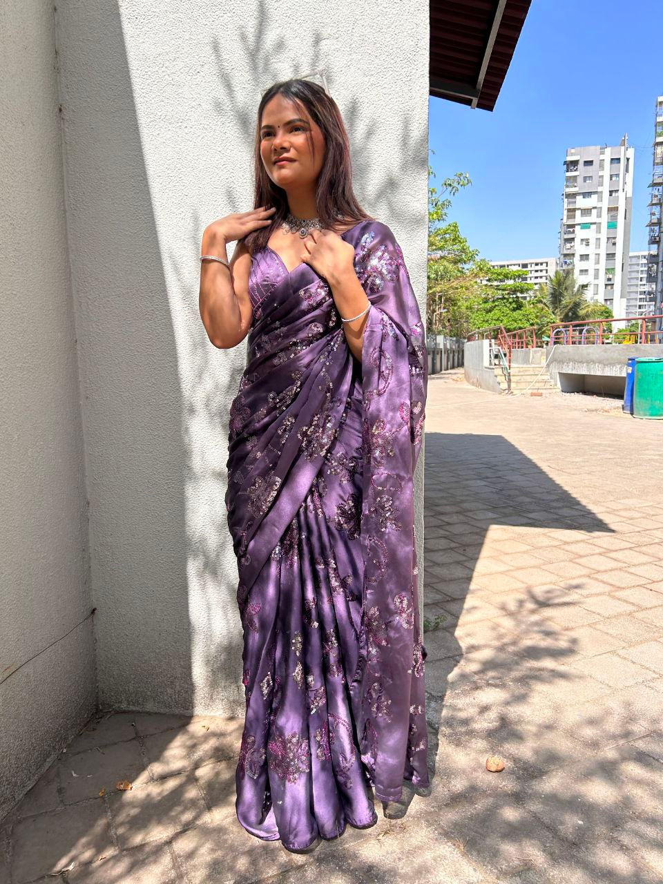 Thumbnail: Purple Colour Georgette Embroidery Sequence Work Saree