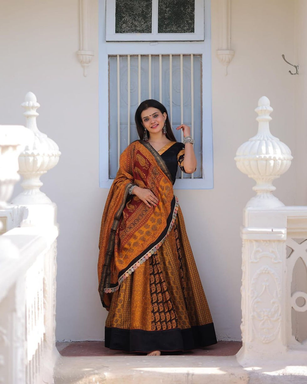 Thumbnail: Buy Mustard Yellow And Black Colour Butter Silk Navratri Wear Lehenga Choli
