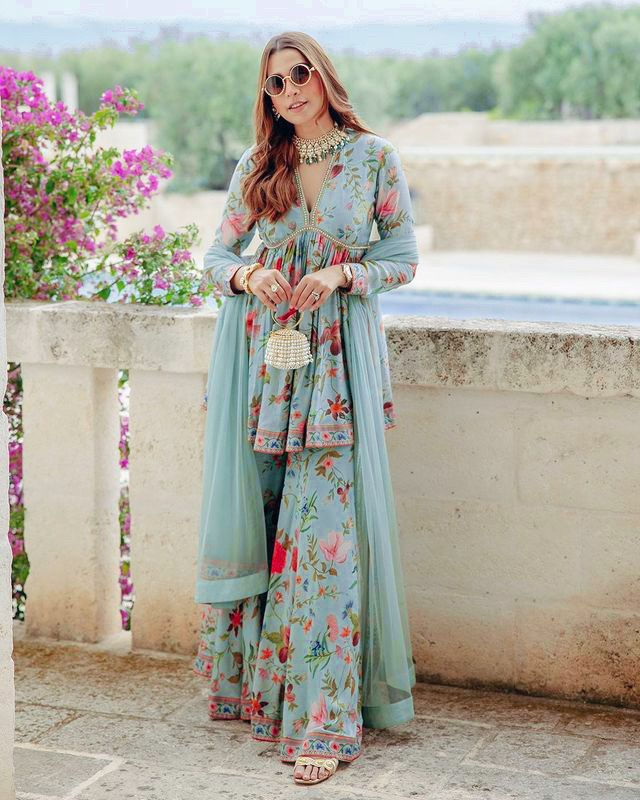 Thumbnail: Fancy Looking Sky Colour Better Silk Digital Print Sharara Suit