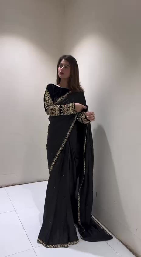 Thumbnail: Ready Wear Black Color Moti Work With Viscos Velvet Saree