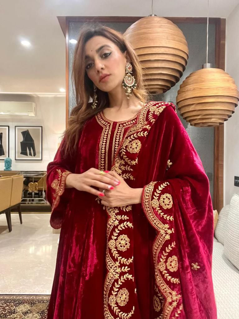 Thumbnail: Amazing Maroon Colour Velvet Cording Embroidery Work Top Bottom With Dupatta Set