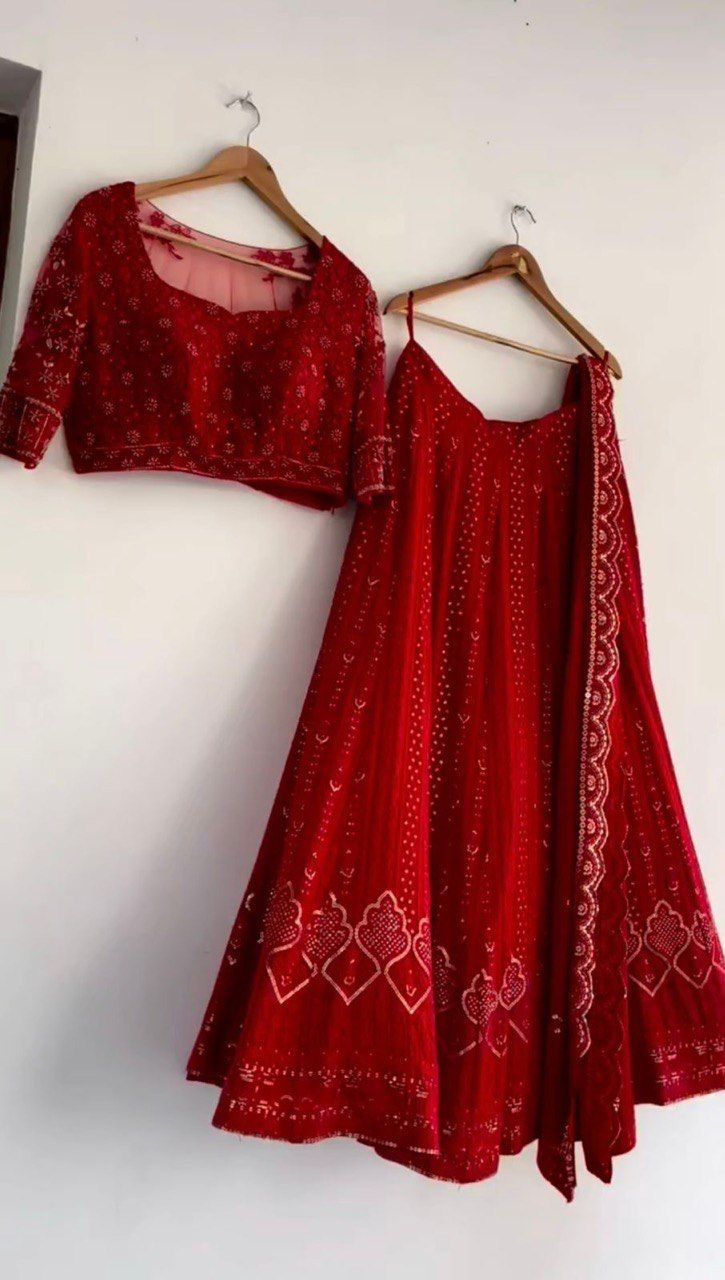 Thumbnail: Bridal Wear Red Color Sequence Embroidery Work Lehenga Choli