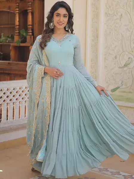 Classic Georgette Heavy Sequins Work Sky Blue Color Gown