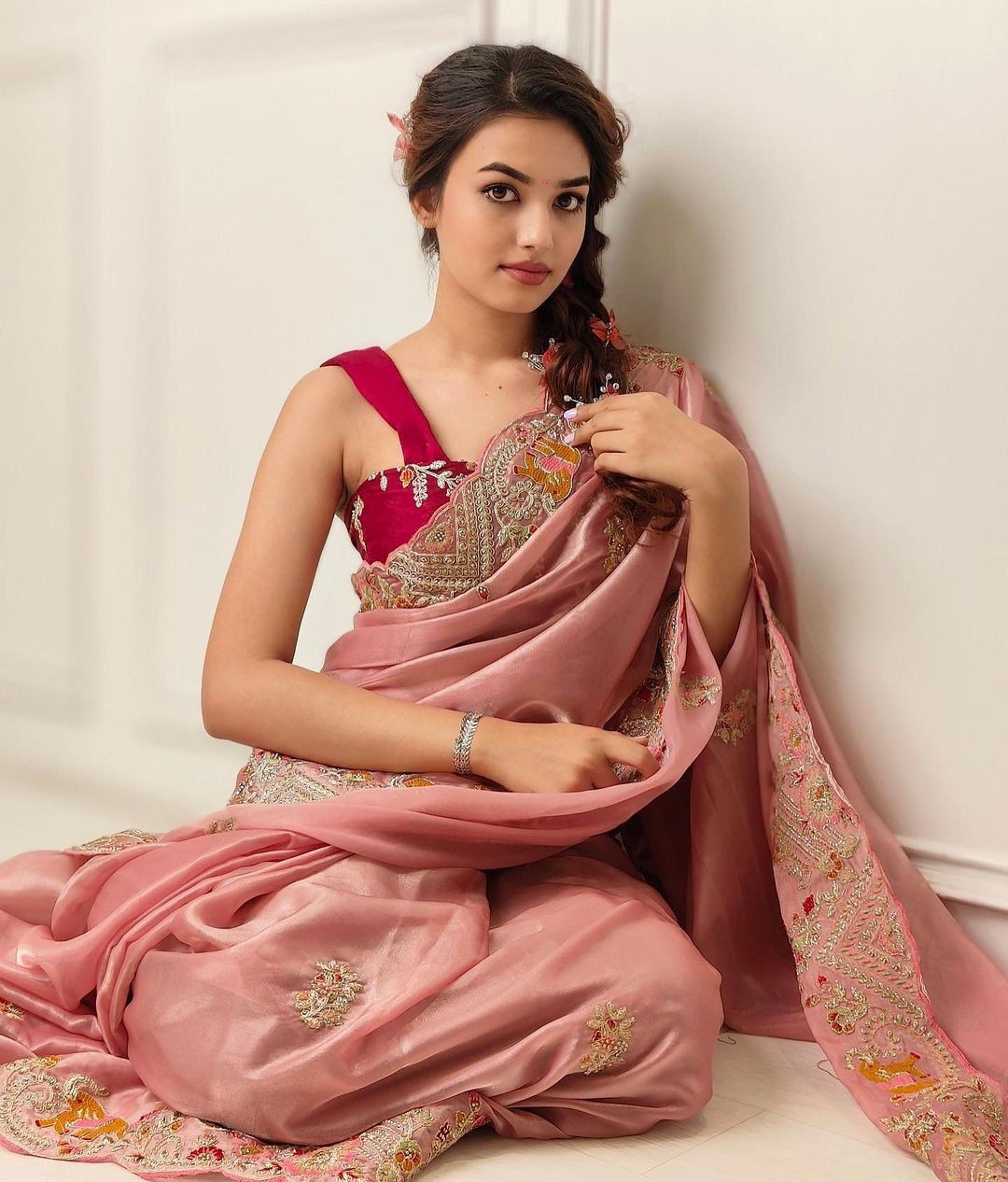 Peach Organza Cording Embroidery Work Designer Saree