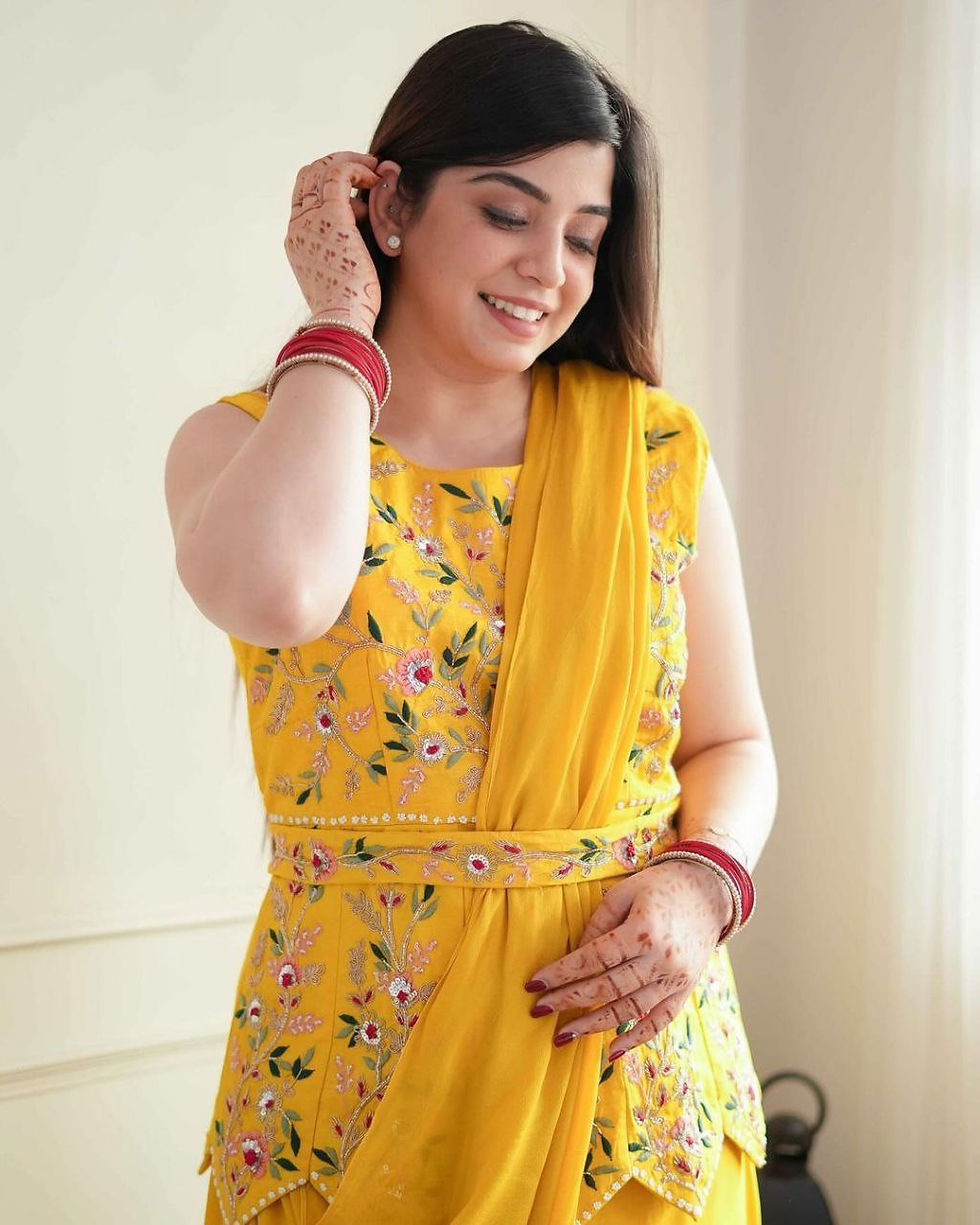 Thumbnail: Trending Embroidery Work Ready To Wear Yellow Colour Saree With Full Foti