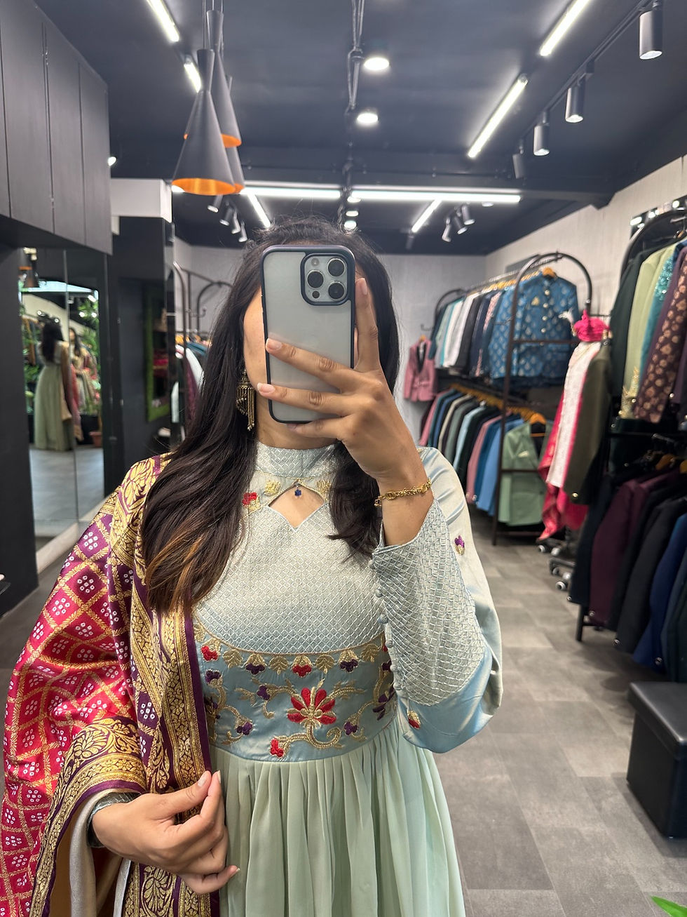 Thumbnail: Heavy Digital Printed Pista Colour Embroidery Gown
