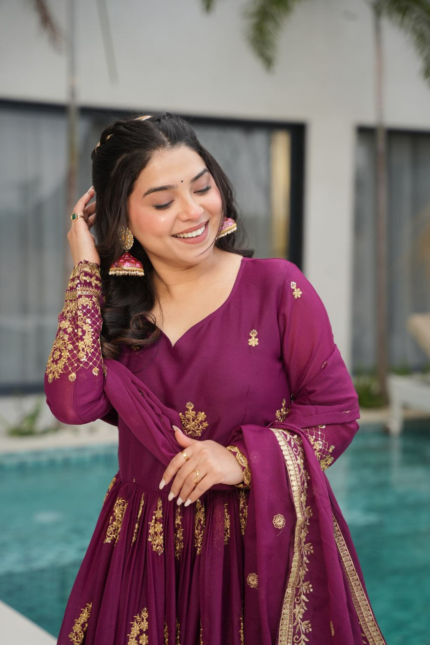 Thumbnail: Pretty Wine Colour Star Georgette With Sequence Work Anarkali Gown With Dupatta