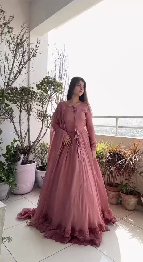 Thumbnail: Stylish Peach Colour Faux Georgette With Lace Work Anarkali Gown With Dupatta