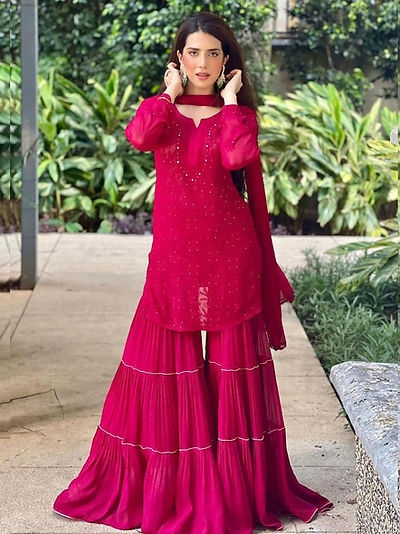 Thumbnail: Super looking Wedding Wear Pink Color Georgette Embroidery Work Sharara Suit