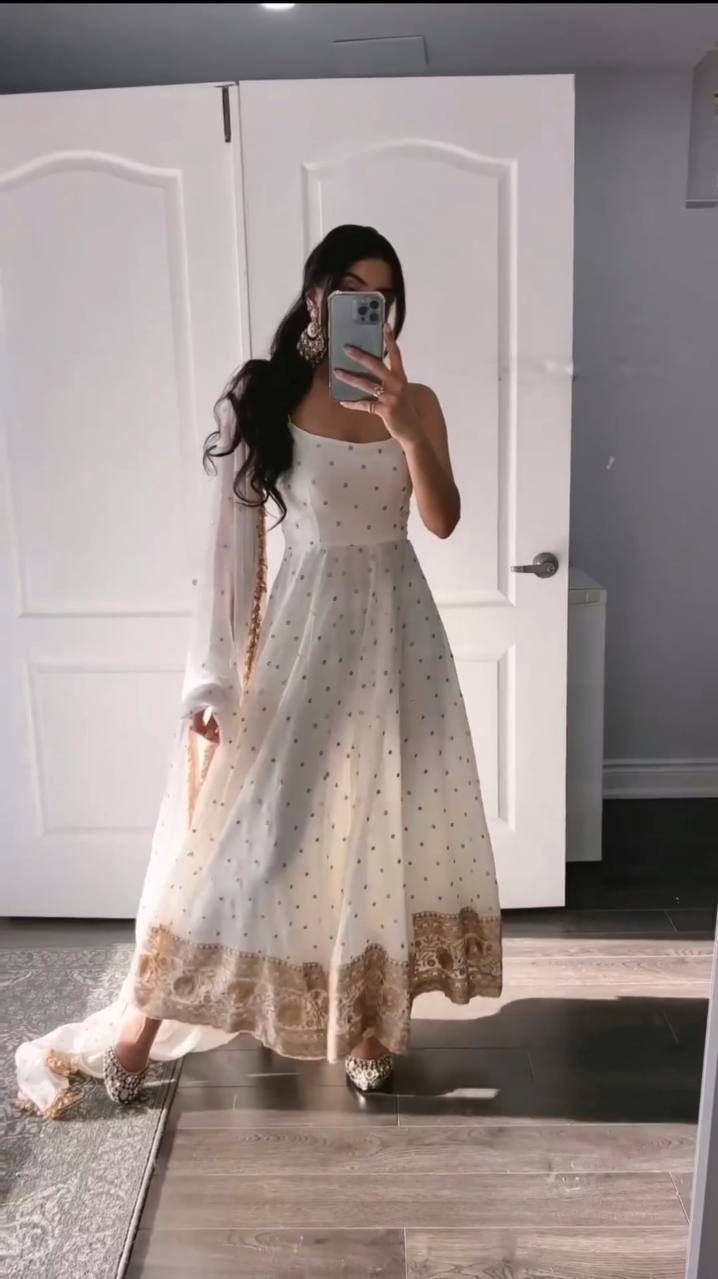 Thumbnail: Stunning White Colour Faux Georgette With Heavy Sequence Botty Work Gown