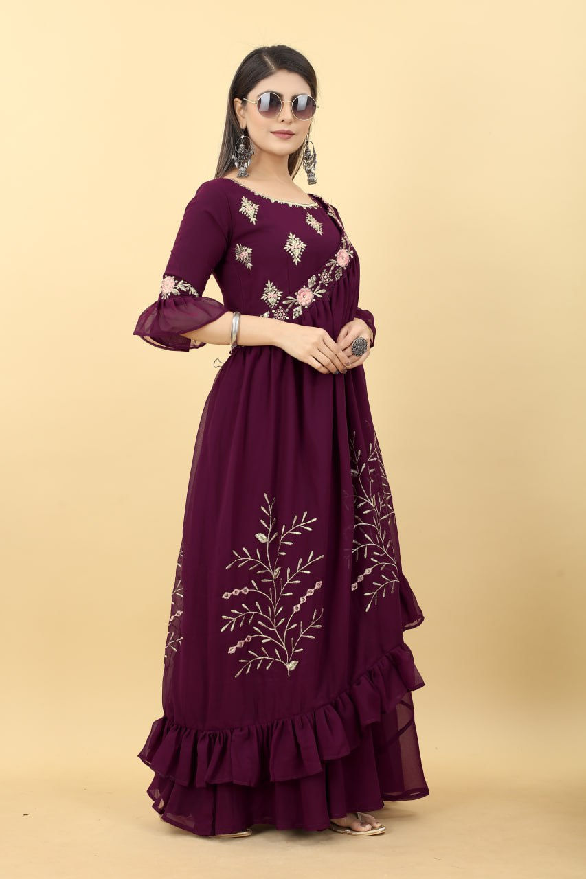 Thumbnail: Designer Maroon Colour Georgette Long Gown with Matching Shrug