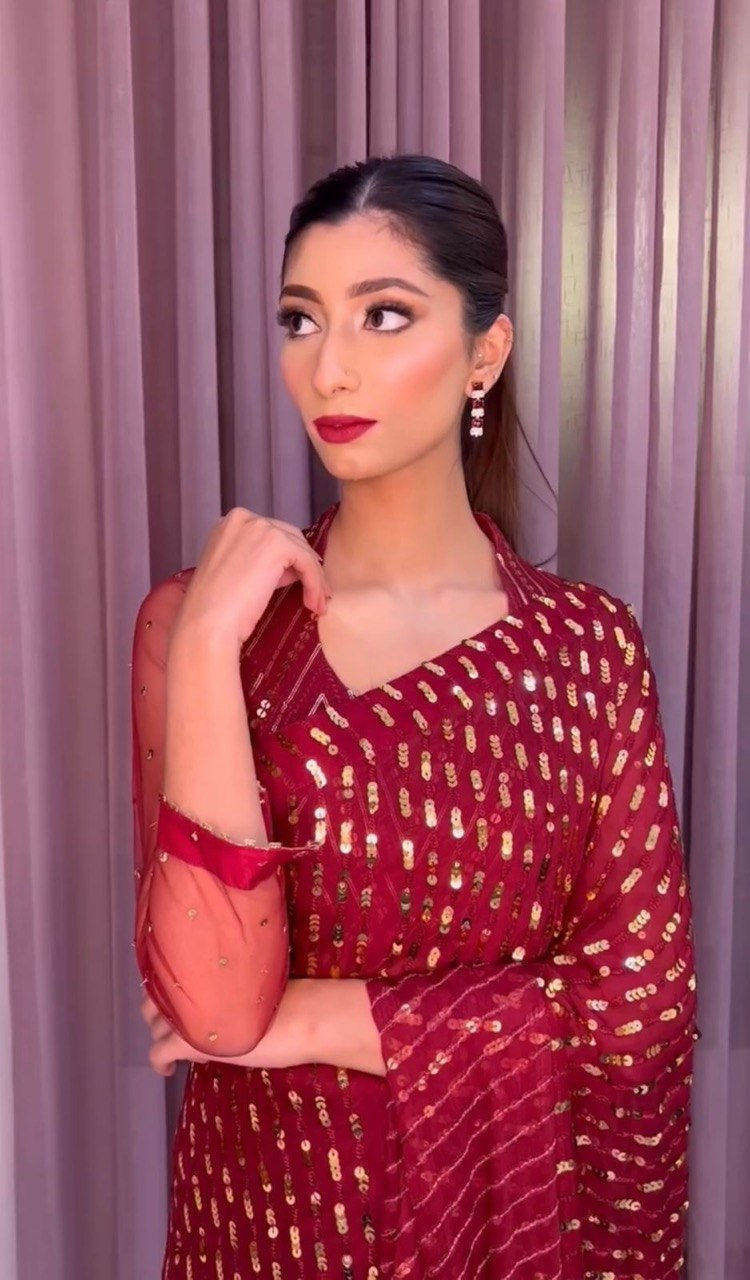 Thumbnail: Red Colour Party Wear Georgette Designer Sequence Work  Saree