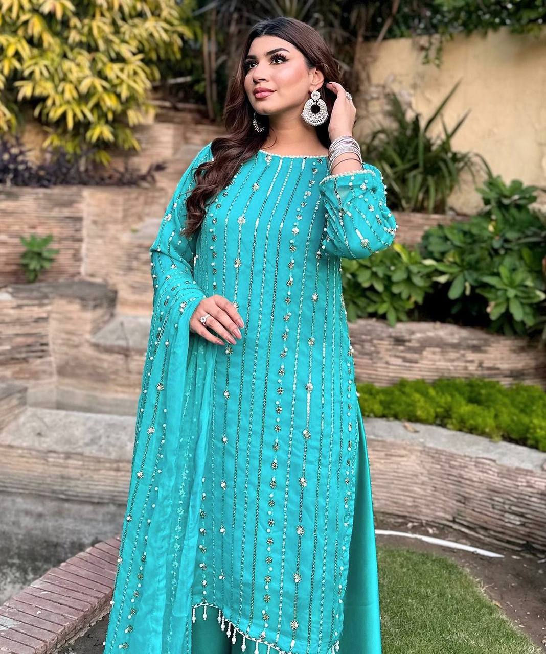 Blue Colour Georgette Silk With Embroidery Work Pakistani Suit With Dupatta