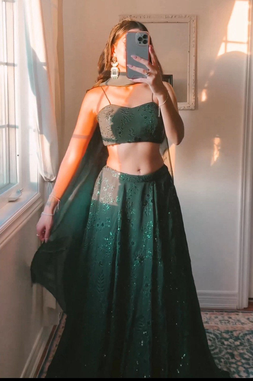 Thumbnail: Designer Green Colour Faux Georgette Party Wear Lehenga Choli
