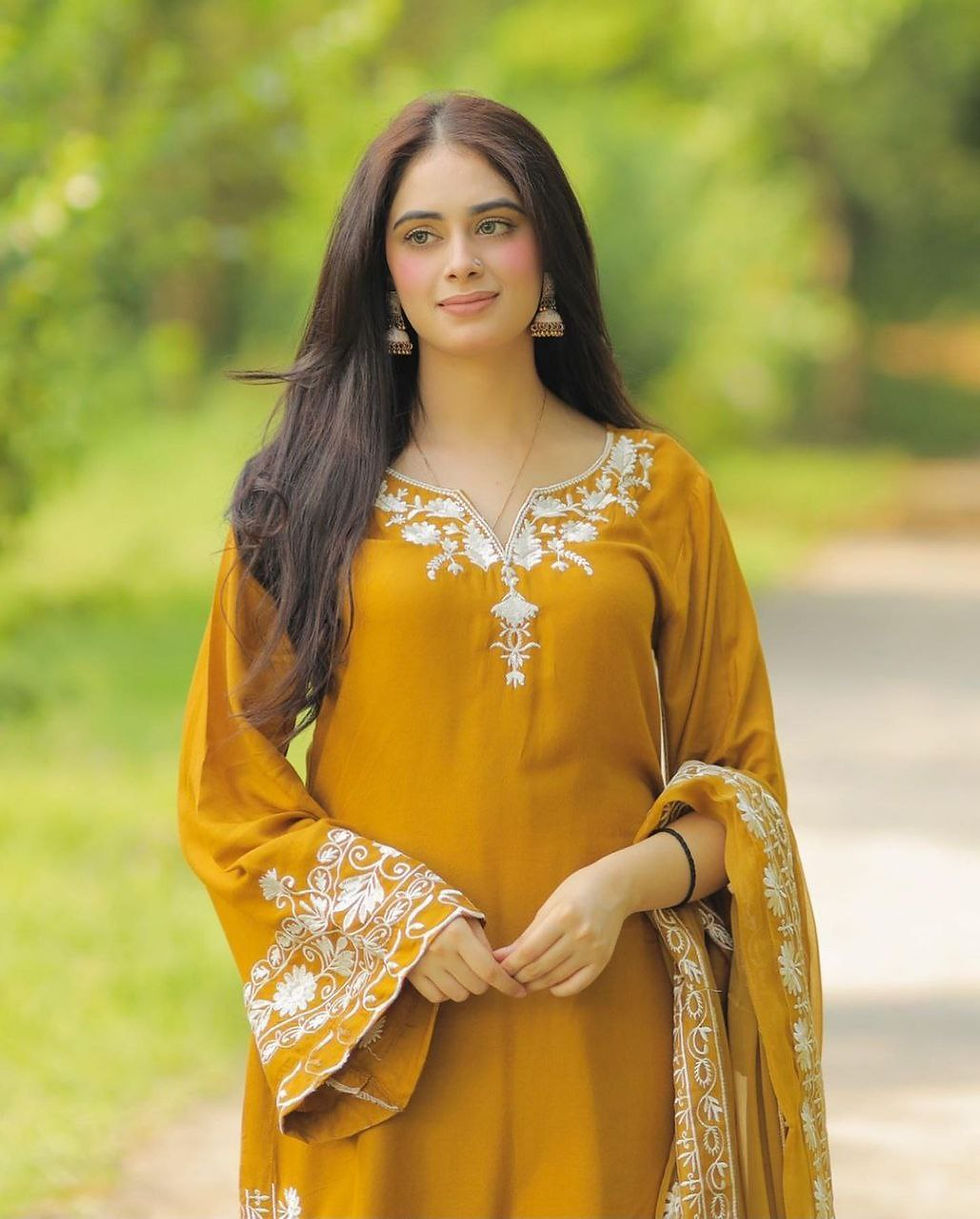 Thumbnail: Mustard Yellow Color Maska Silk With Embroidery Work Kurti With Plazzo