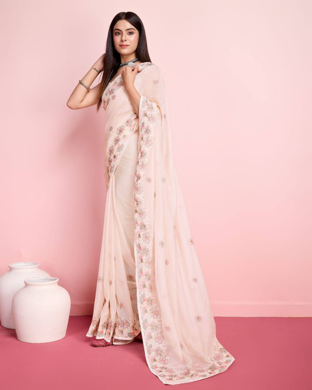 Cream Colour Running Taby Silk Organza Embroidery Work Party Wear Saree