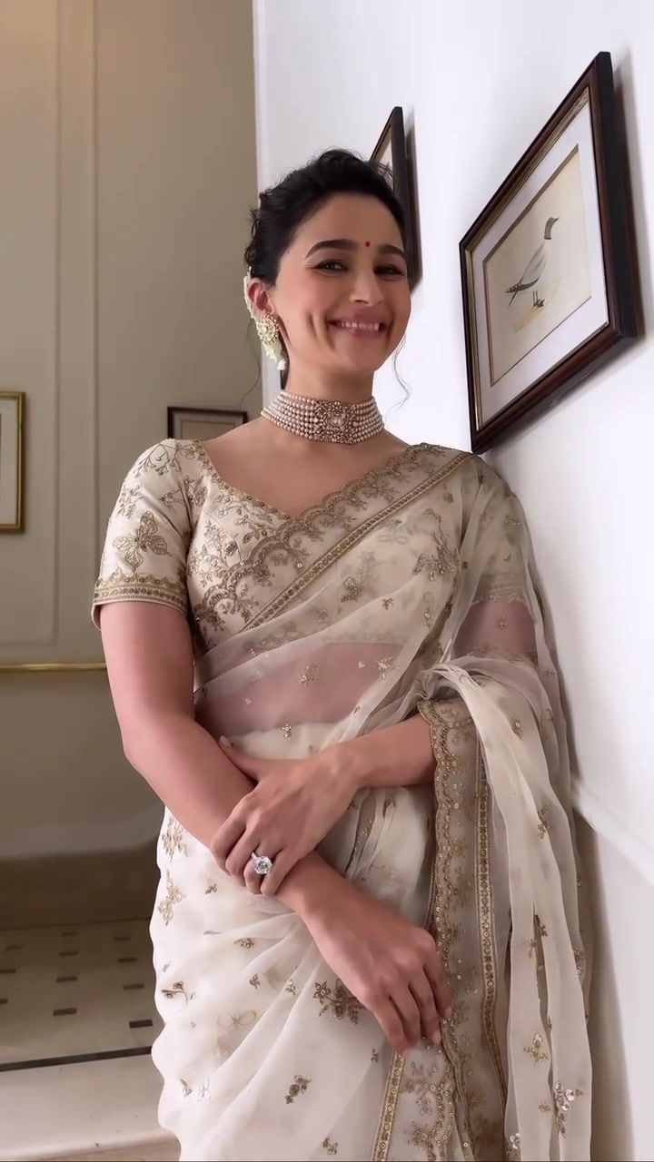 Thumbnail: Alia Bhatt Creame Colour Organza Sequence Wedding WearSaree