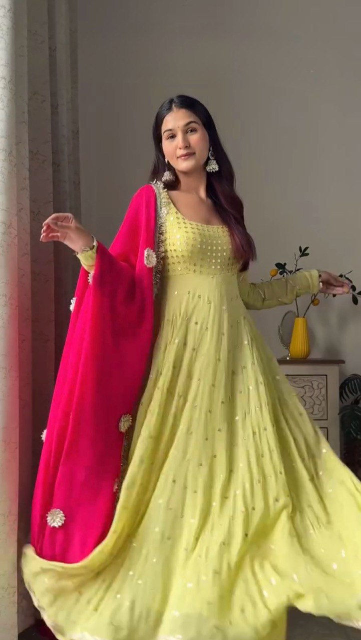 Beautiful Yellow Colour Foux Gorgette Gown With Dupatta