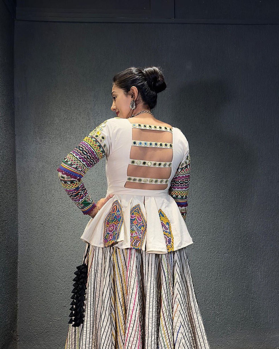 Thumbnail: White Colour Cotton Chine Stitch Work Lehenga Choli