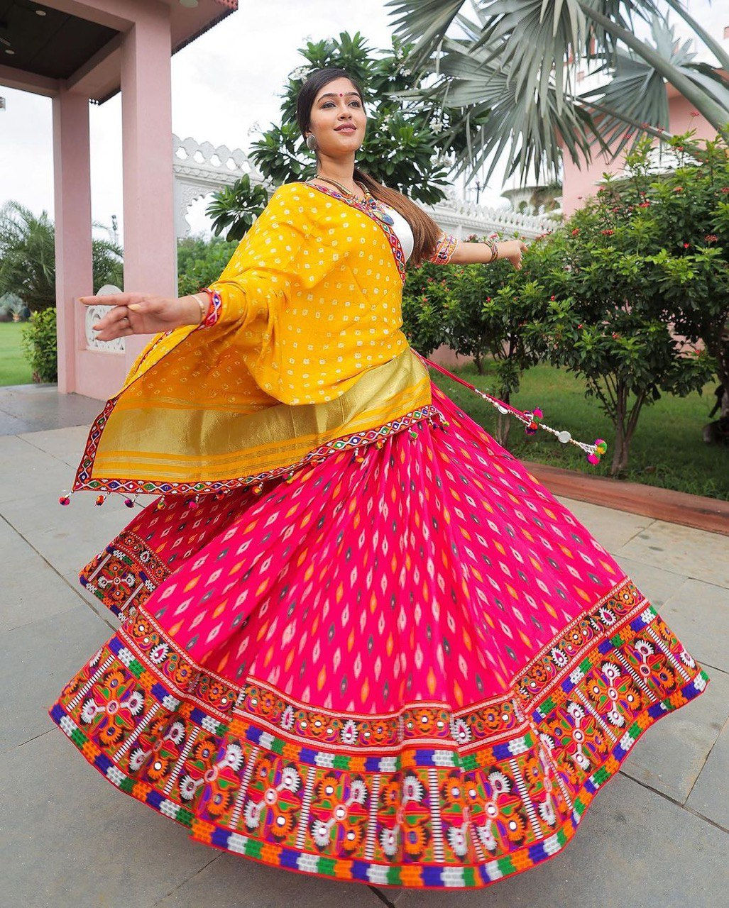 Designer Navratri Yellow Color Printed With Real Mirror Work Lehenga Choli