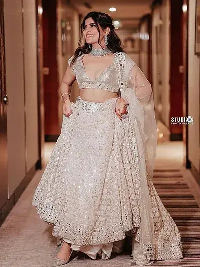 Stunning Look White Georgette Sequins With Real Mirror Lehenga Choli