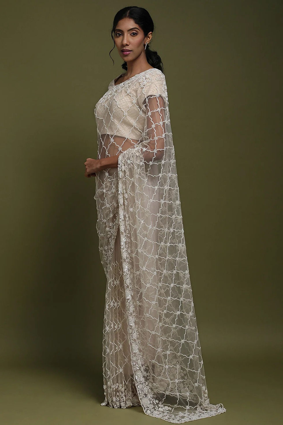 Thumbnail: Light Beige Pearl Embroidered Net White Colour Saree