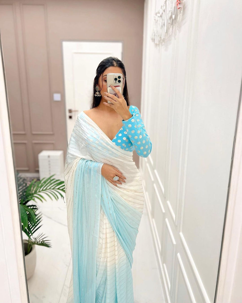 Thumbnail: Classy Light Blue Mukaish Work Saree With Blouse